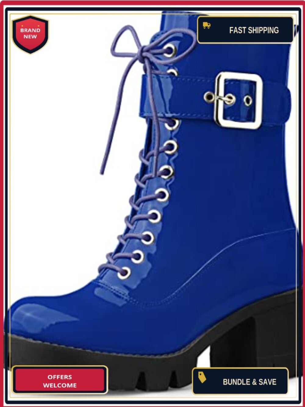 Patent Leather Platform Combat Boots with Chunky Heel, Zip Closure